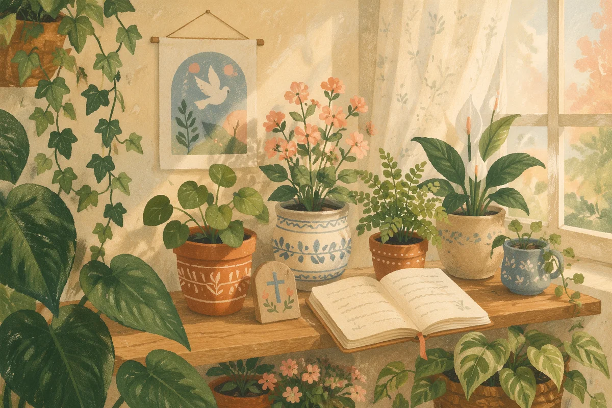 Peaceful Indoor Plants on Prayer Shelf