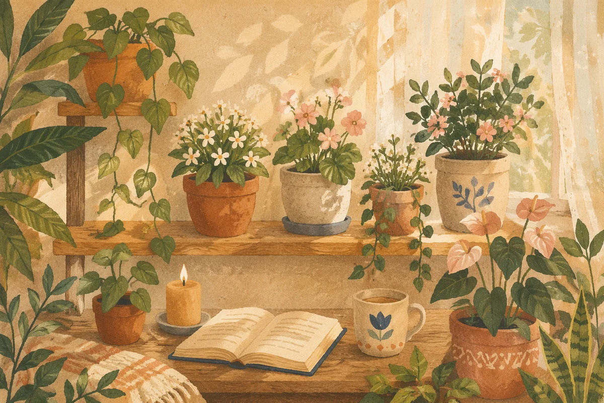 Sunlit Shelf with Flowering Houseplants