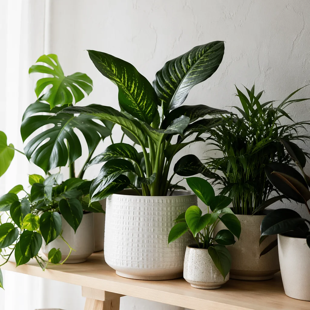 Serene Indoor Plants on Minimal Wooden Shelf