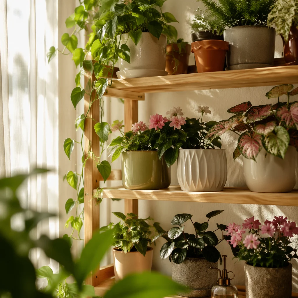 Sunlit Indoor Plant Shelf with Blooming Pots