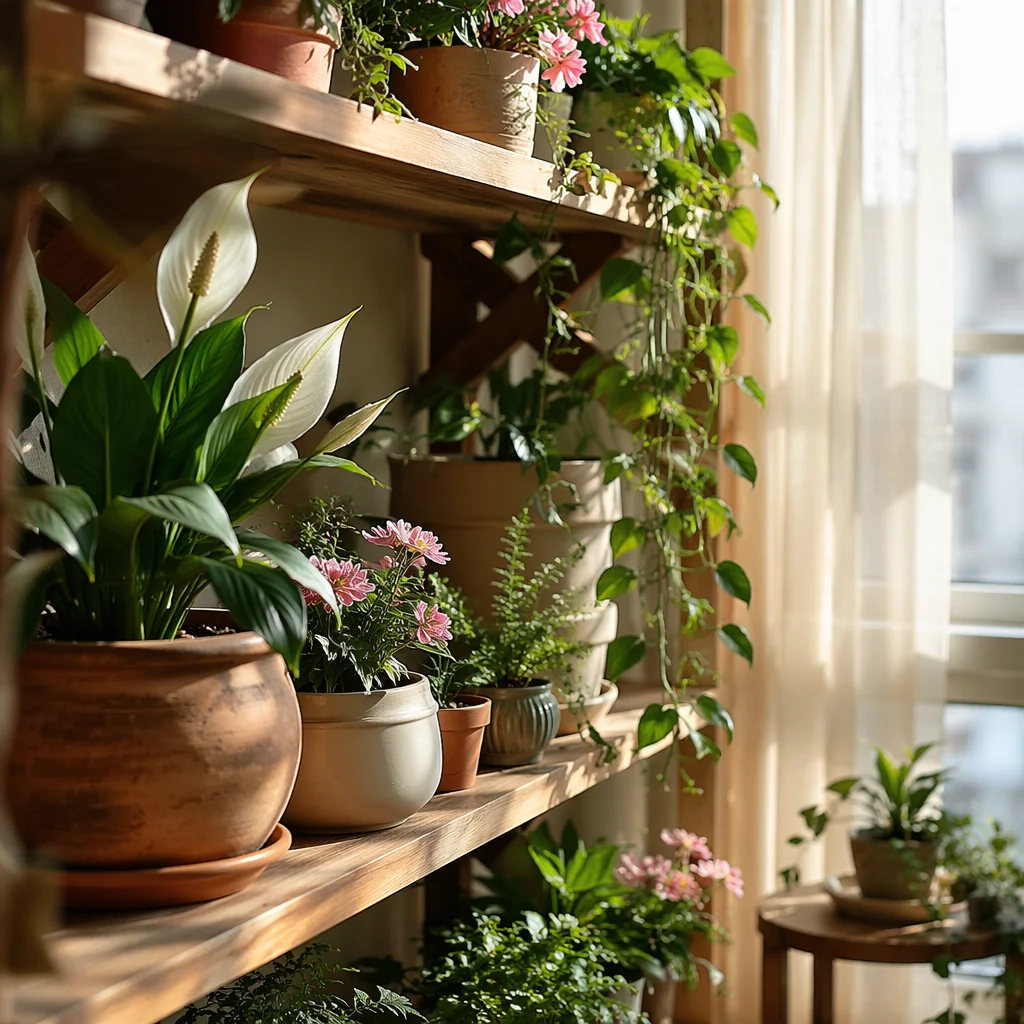 Sunlit Indoor Flowering Plants on Wooden Shelves