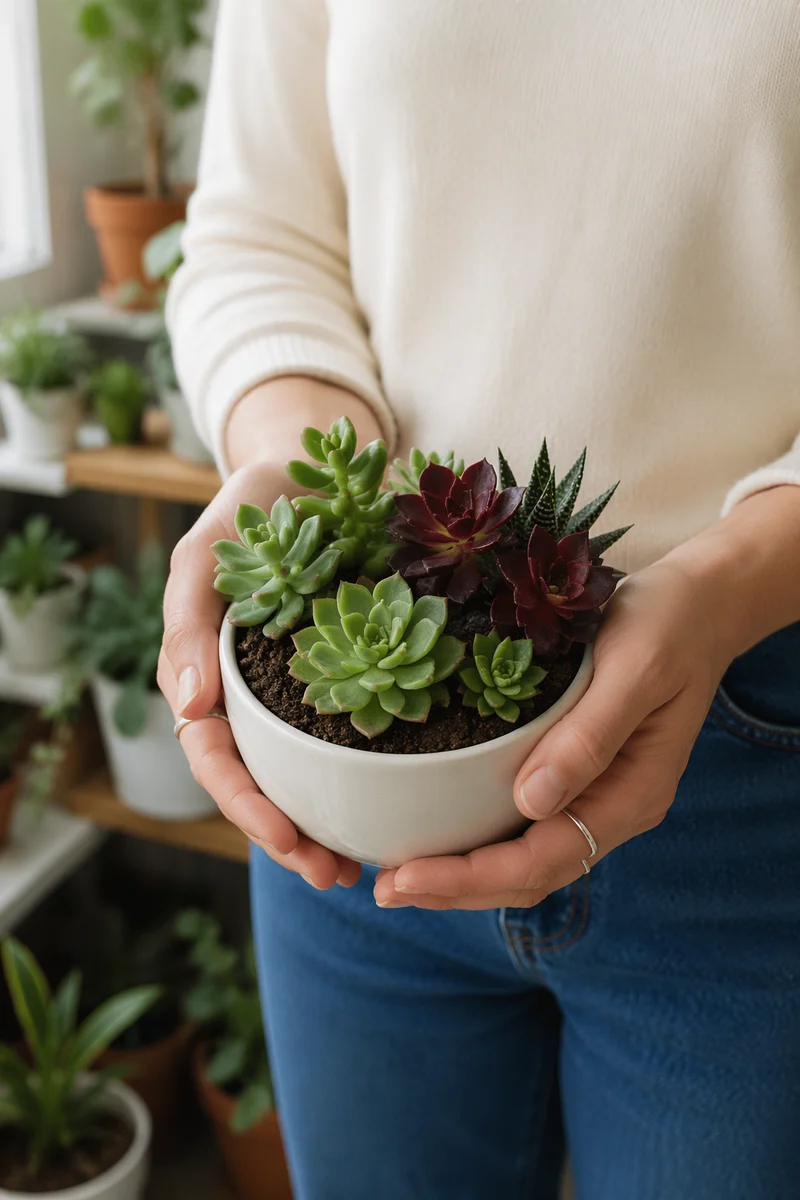 Hands Holding Succulent Planter Indoors