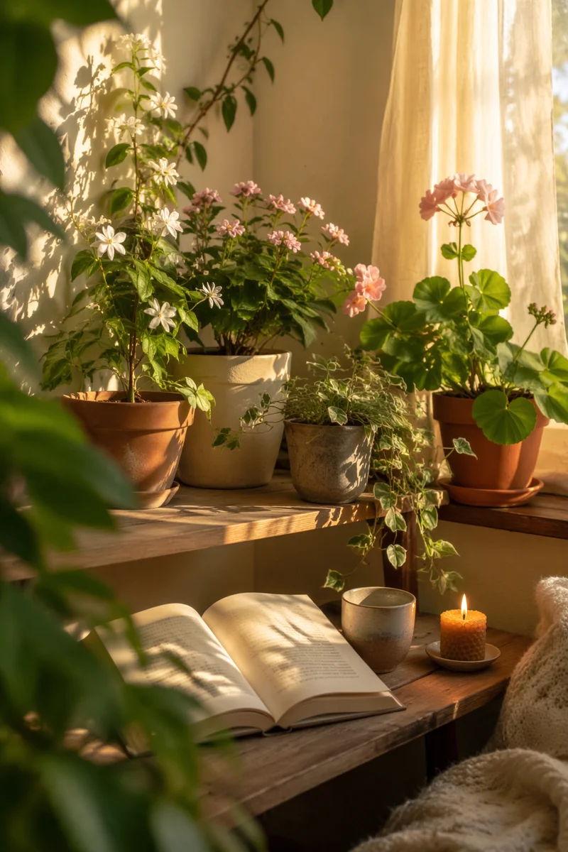 Sunlit Shelf with Flowering Houseplants