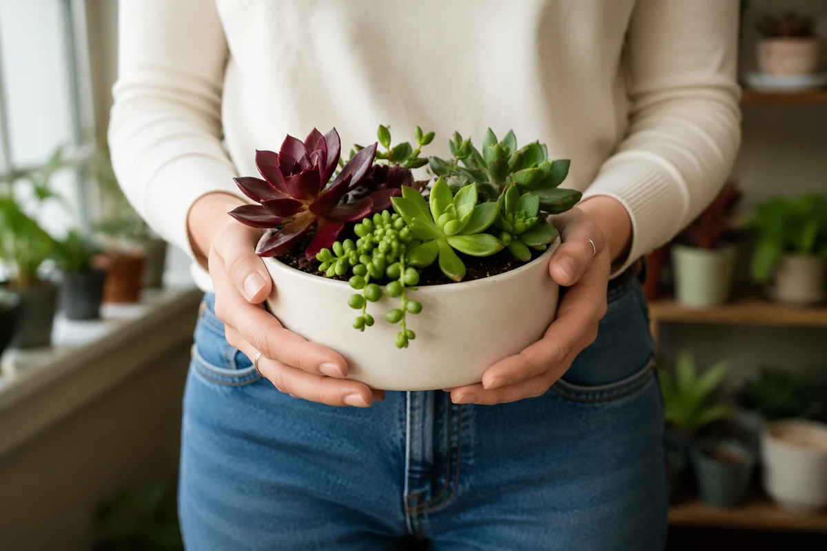 Hands Holding Succulent Planter in Sunlit Home