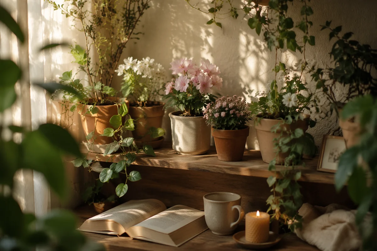 Sunlit Shelf with Flowering Houseplants