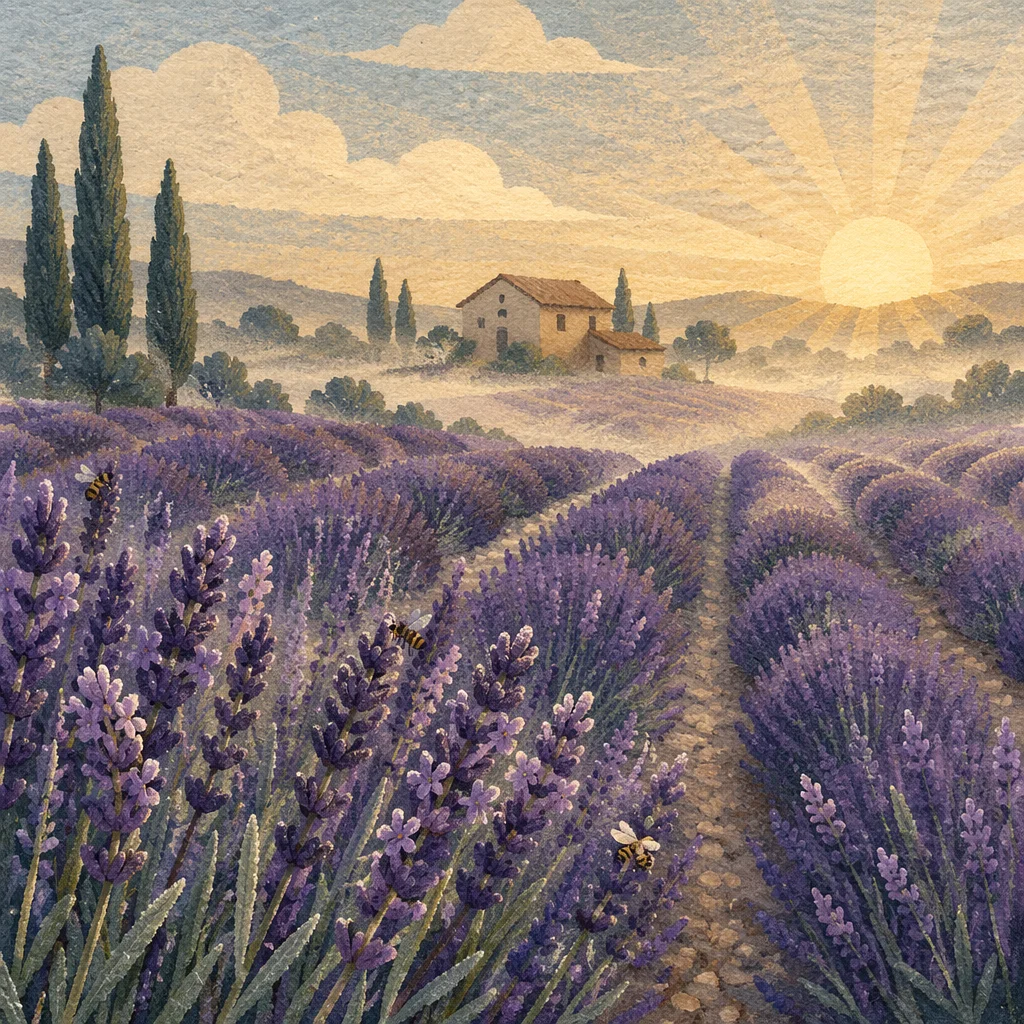 Sunrise Lavender Field with Distant Farmhouse