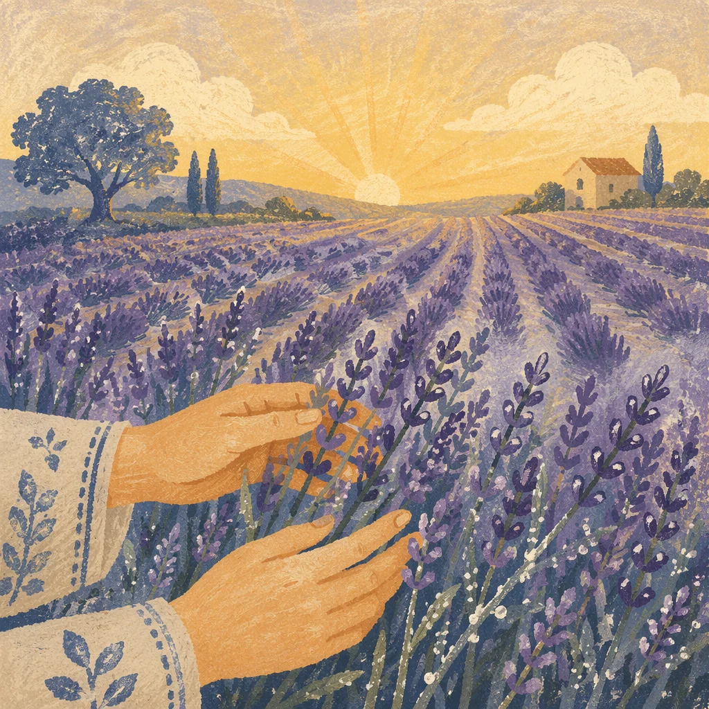 Hands Brushing Lavender Field at Sunrise