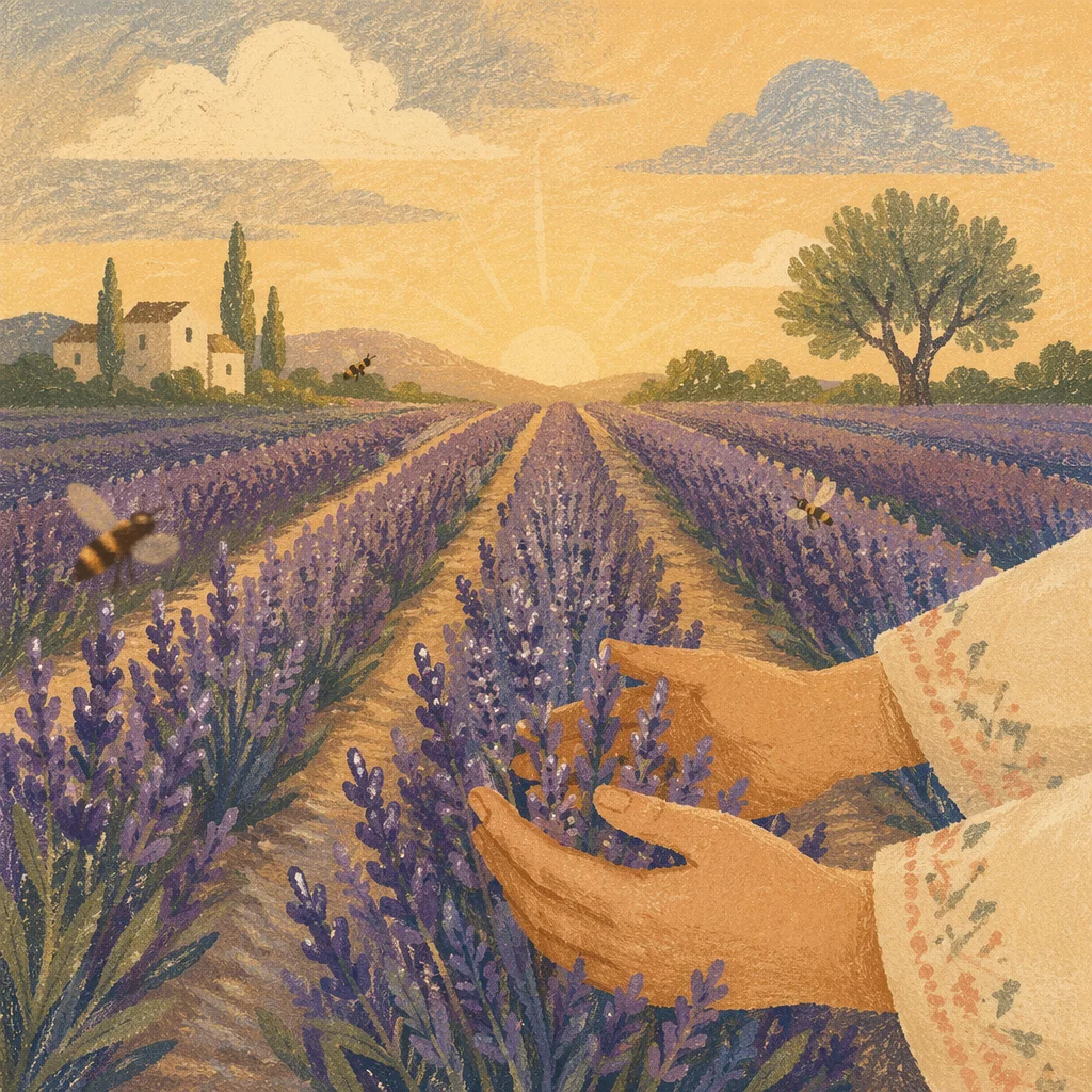 Prayerful Dawn in Lavender Field Rows
