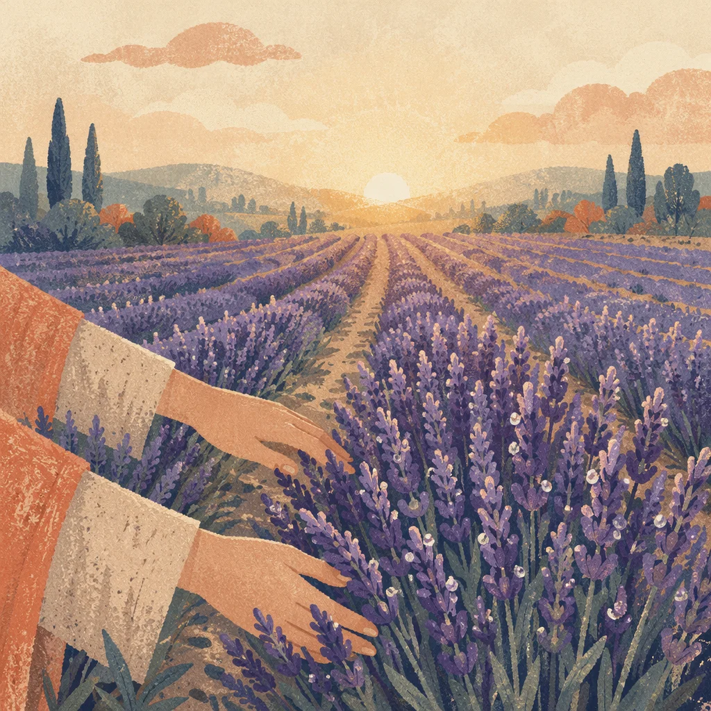 Hands Brushing Lavender Rows at Dawn