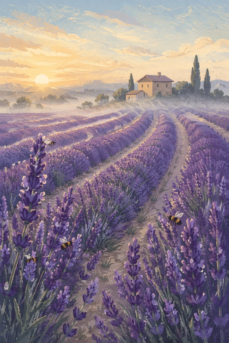 Sunrise Lavender Field with Distant Farmhouse