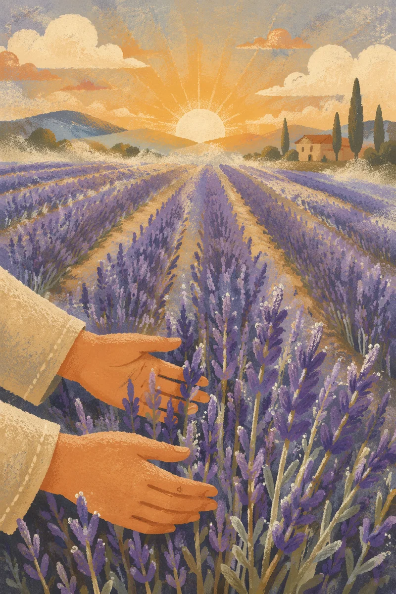 Morning Hands Brushing Dewy Lavender Rows