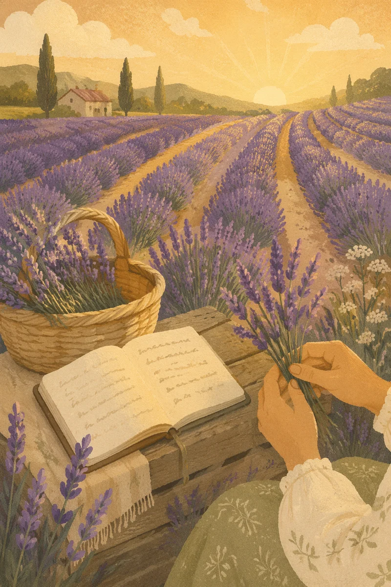 Lavender Field at Sunrise with Basket
