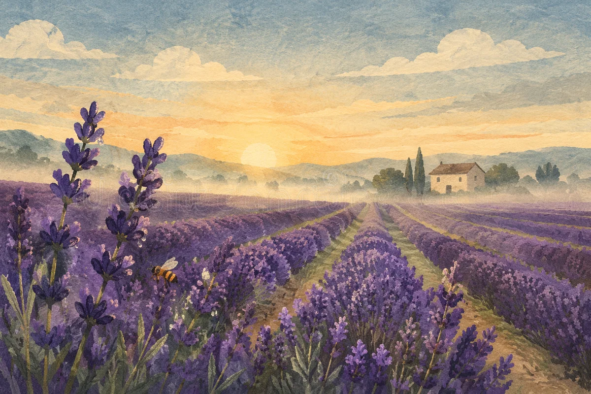 Sunrise Lavender Field with Distant Farmhouse