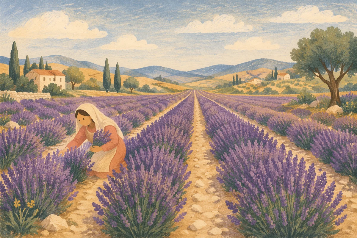 Sunlit Lavender Field Rows at Dusk