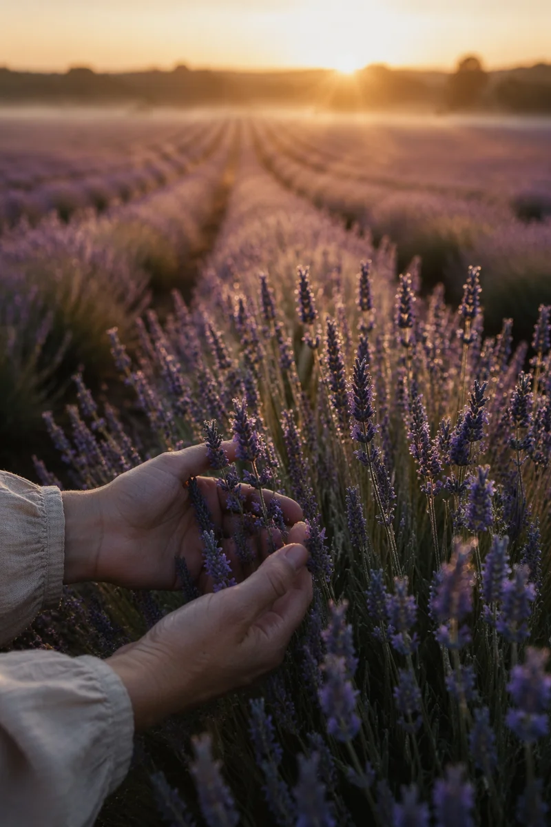 Hands Brushing Dewy Lavender at Sunrise