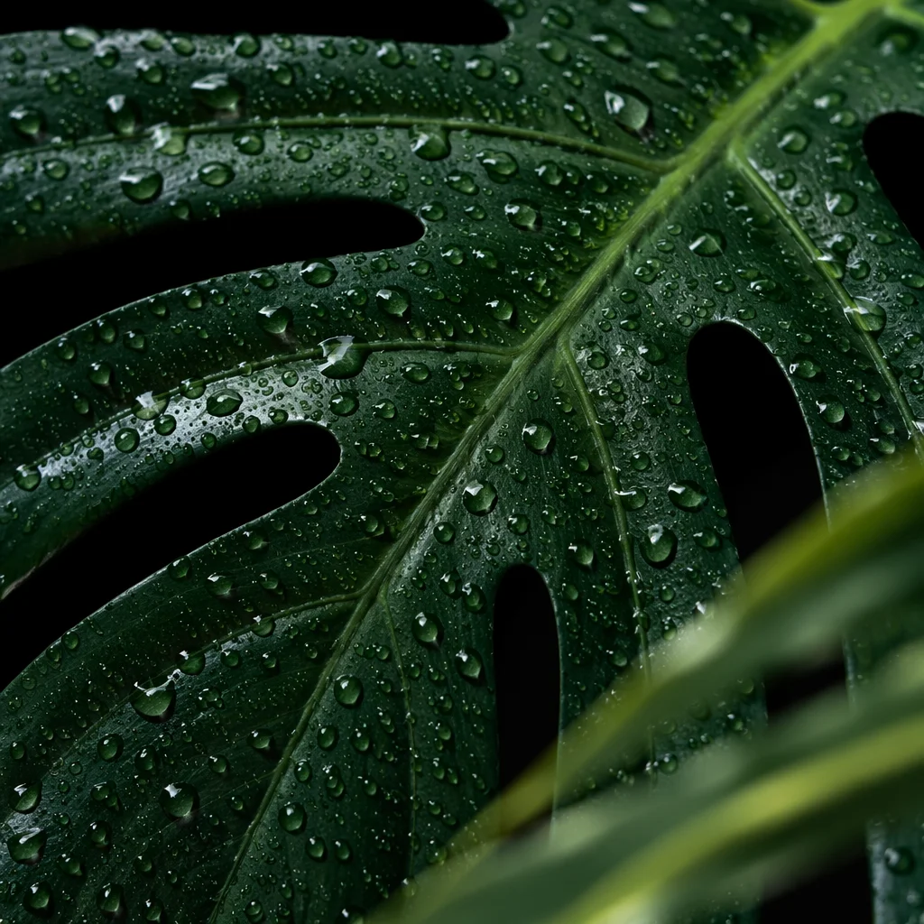 Dewy Monstera Leaf on Black Background