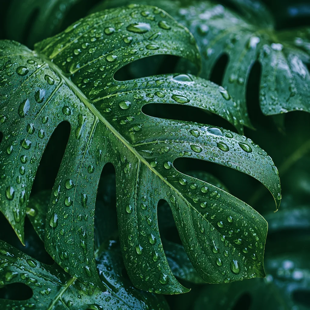 Rain-Kissed Tropical Monstera Leaves Close Up