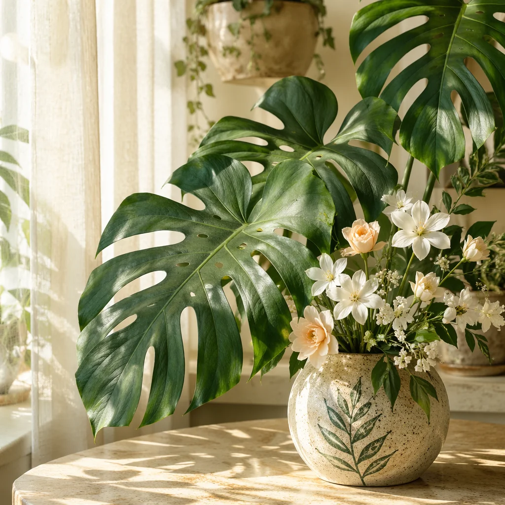 Sunlit Monstera Leaves with Delicate Flowers