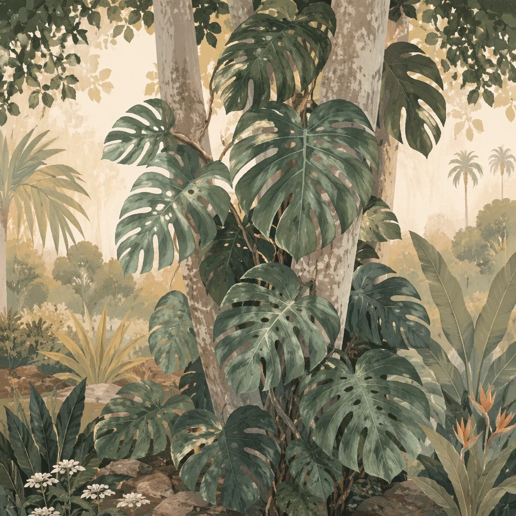 Tropical Monstera Leaves in Quiet Garden