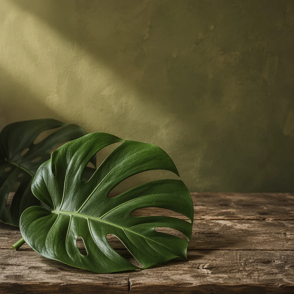 Glossy Monstera Leaf on Rustic Wood