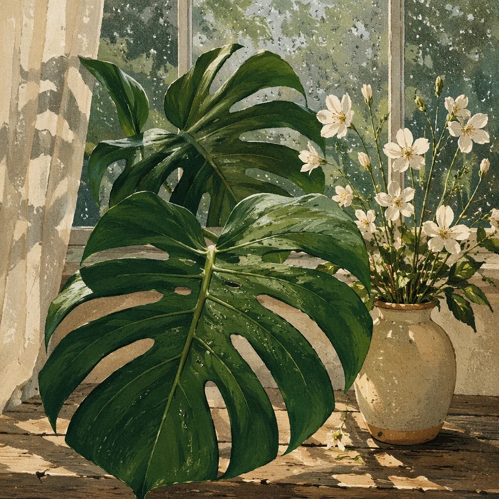 Monstera Leaves with White Flowers by Window
