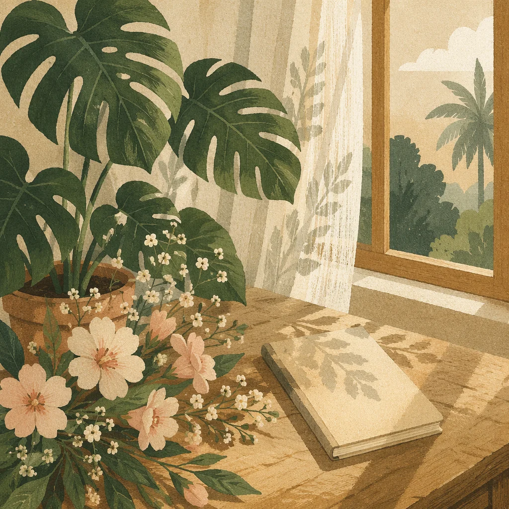 Peaceful Monstera and Blush Flowers by Window