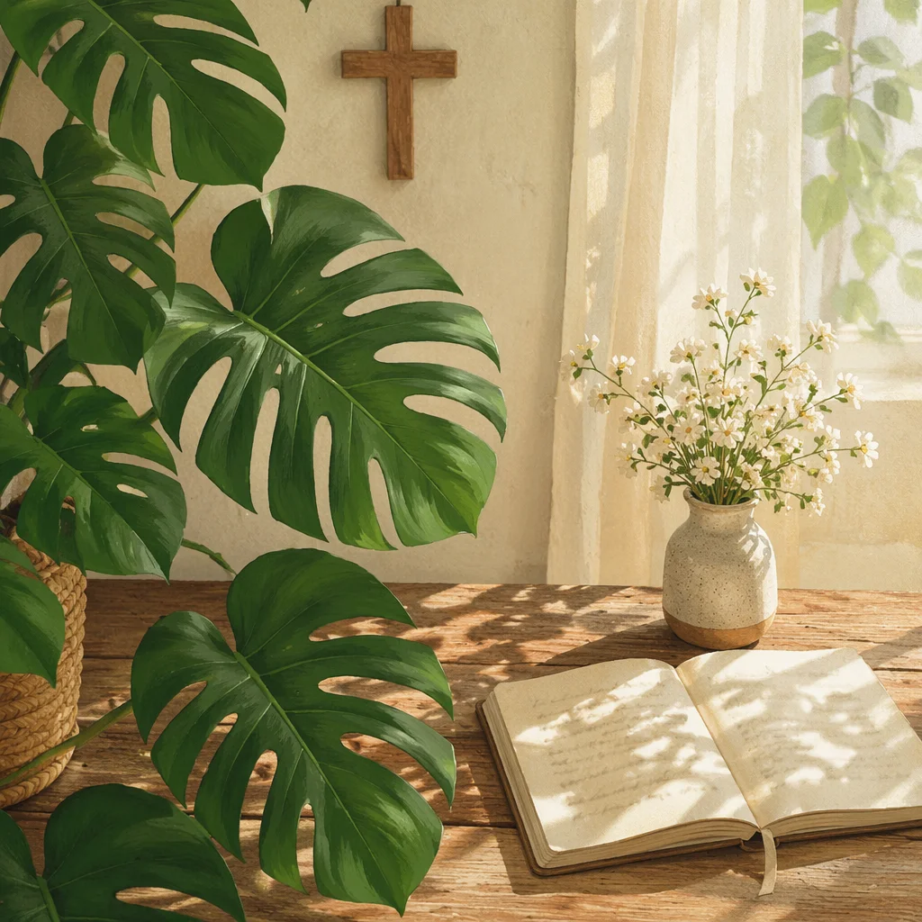 Sunlit Monstera Leaves with Cream Flowers
