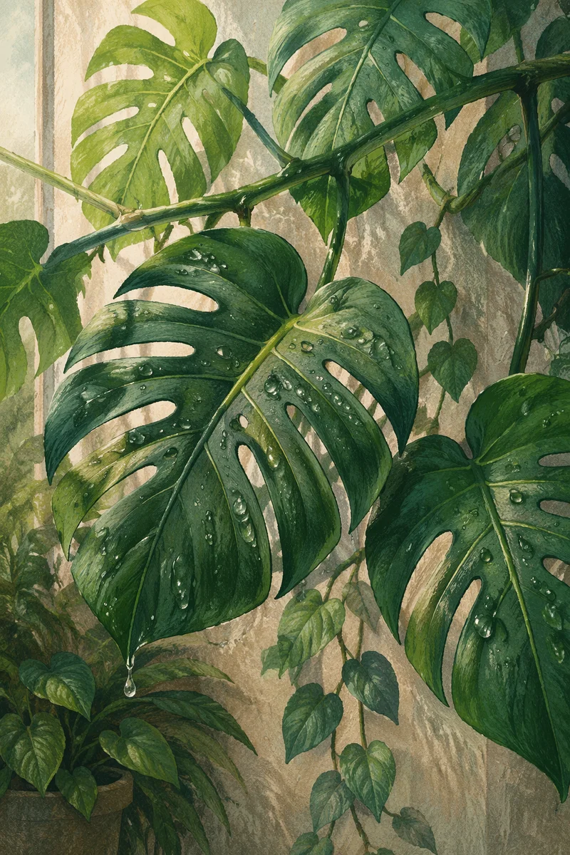 Lush Monstera Leaves in Morning Greenhouse