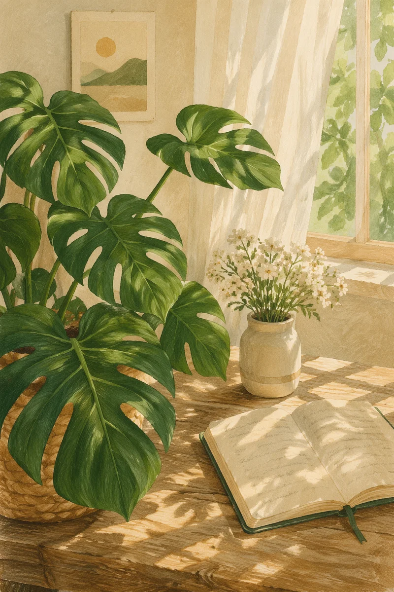 Sunlit Monstera Leaves with Cream Flowers