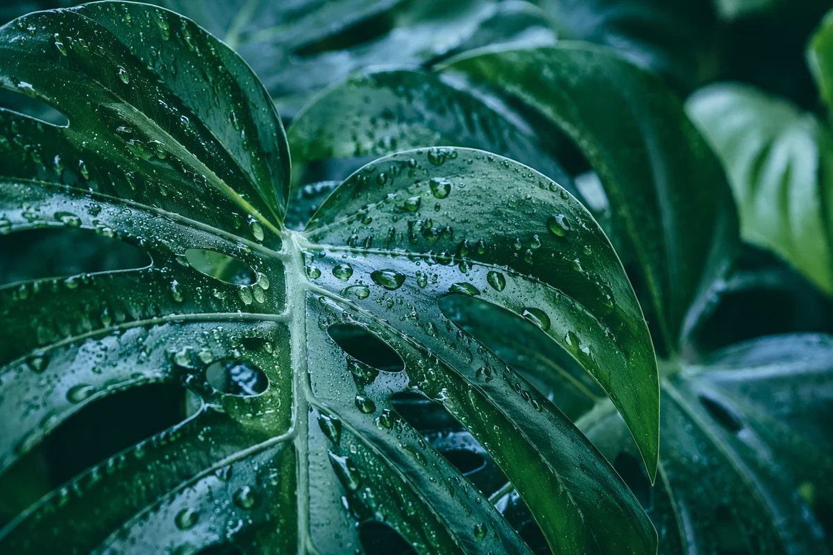 Rain Kissed Monstera Leaves in Rainforest Light