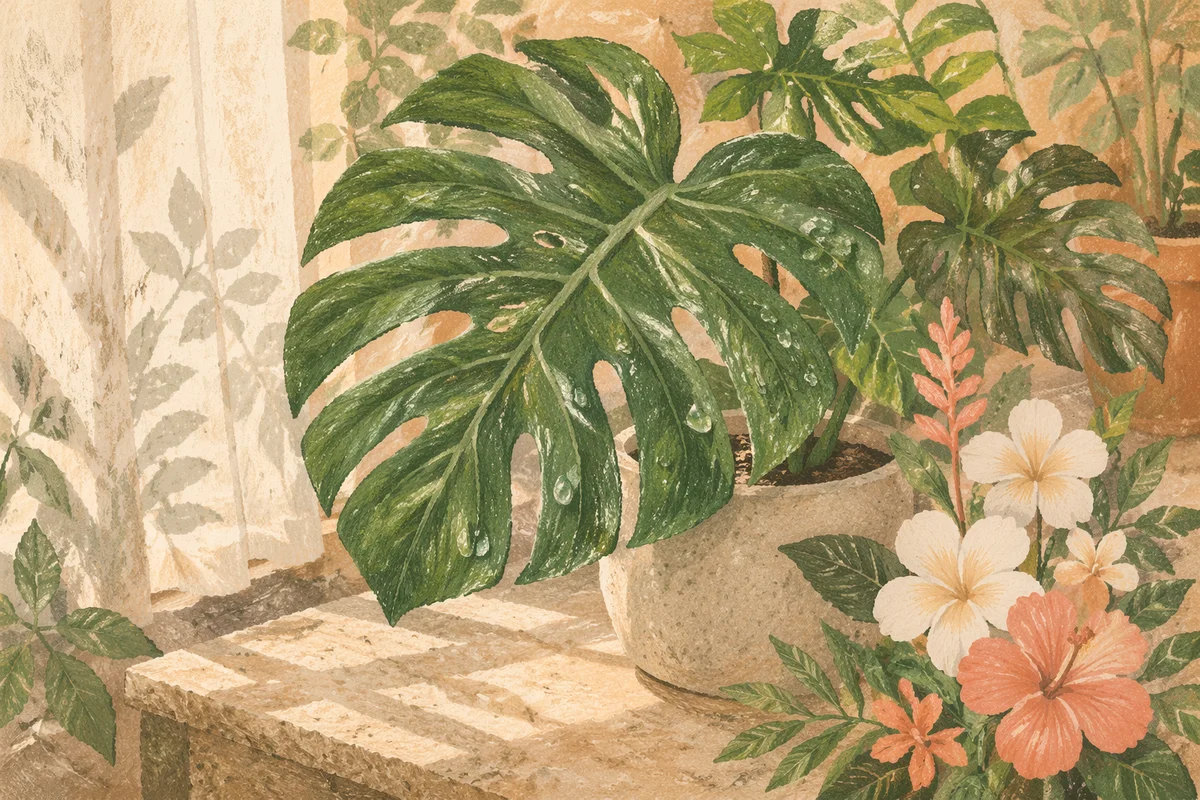 Sunlit Monstera and Tropical Flowers Still Life