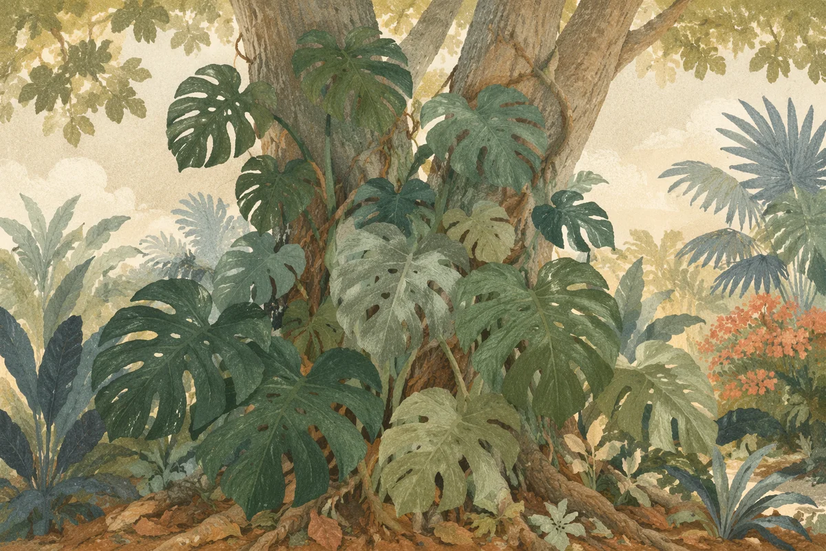 Tropical Monstera Leaves in Peaceful Garden