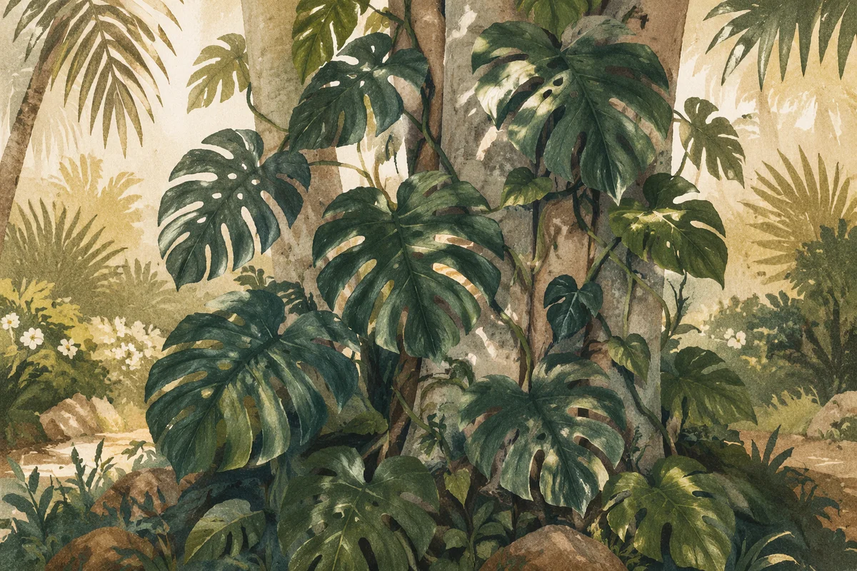 Tropical Monstera Leaves in Quiet Garden