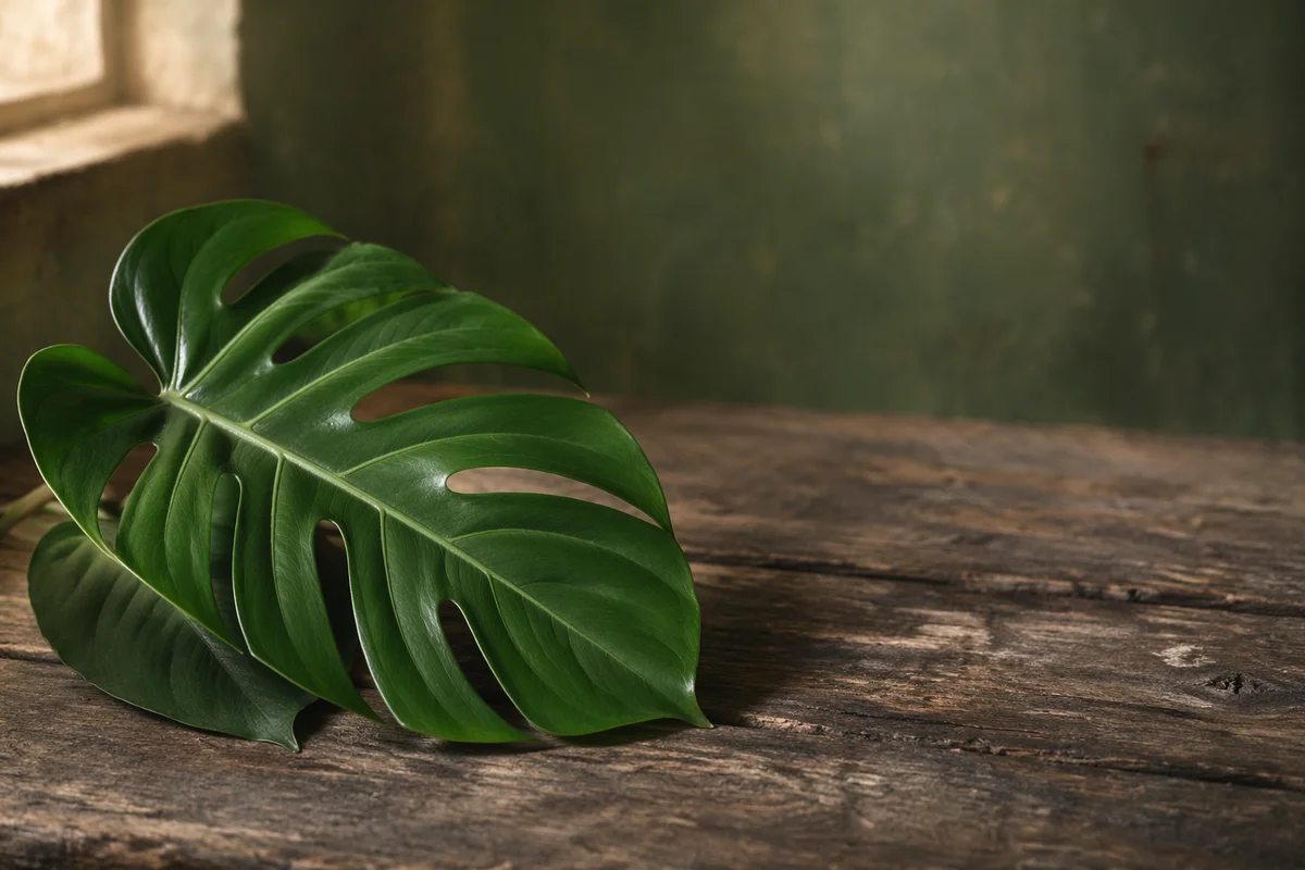 Glossy Monstera Leaf on Weathered Wood