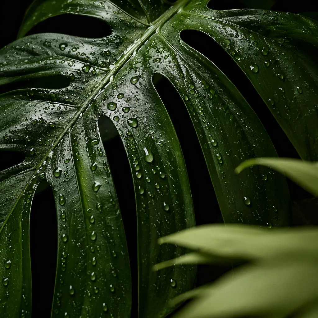 Dewy Monstera Leaf on Black Background