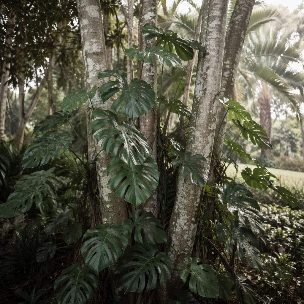 Tropical Monstera Leaves in Quiet Garden