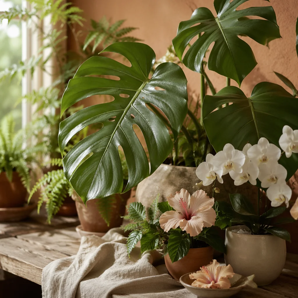 Monstera Leaves with Soft Tropical Flowers