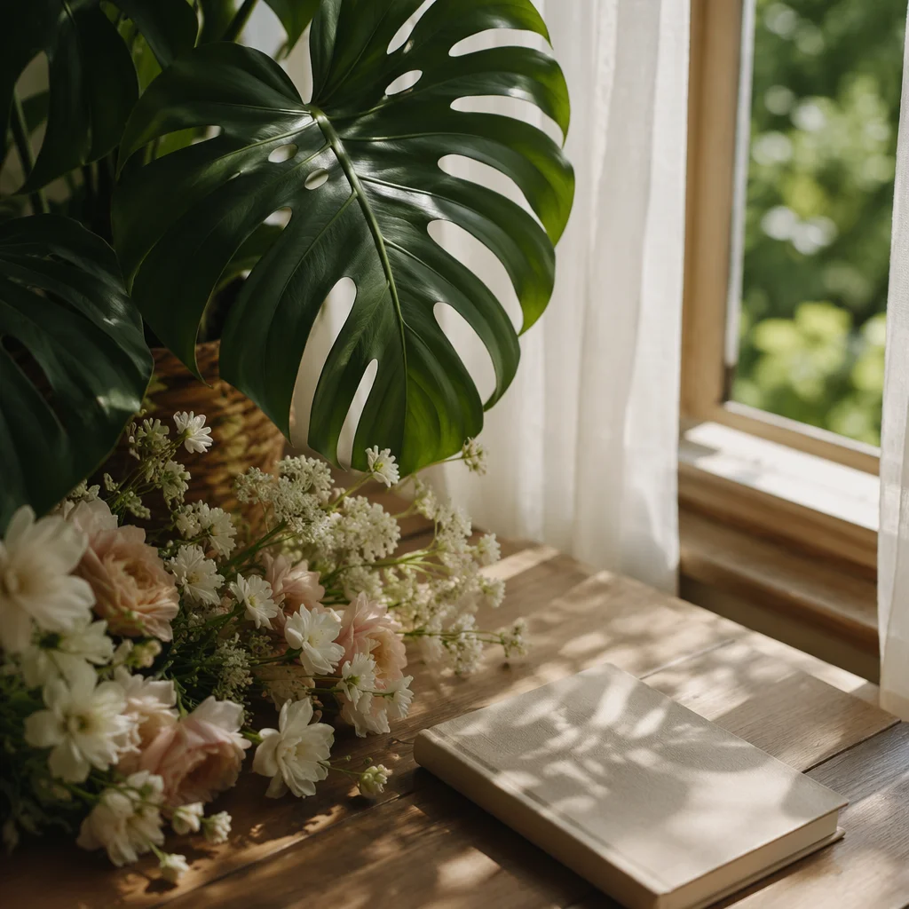 Monstera Leaves with Soft Morning Flowers