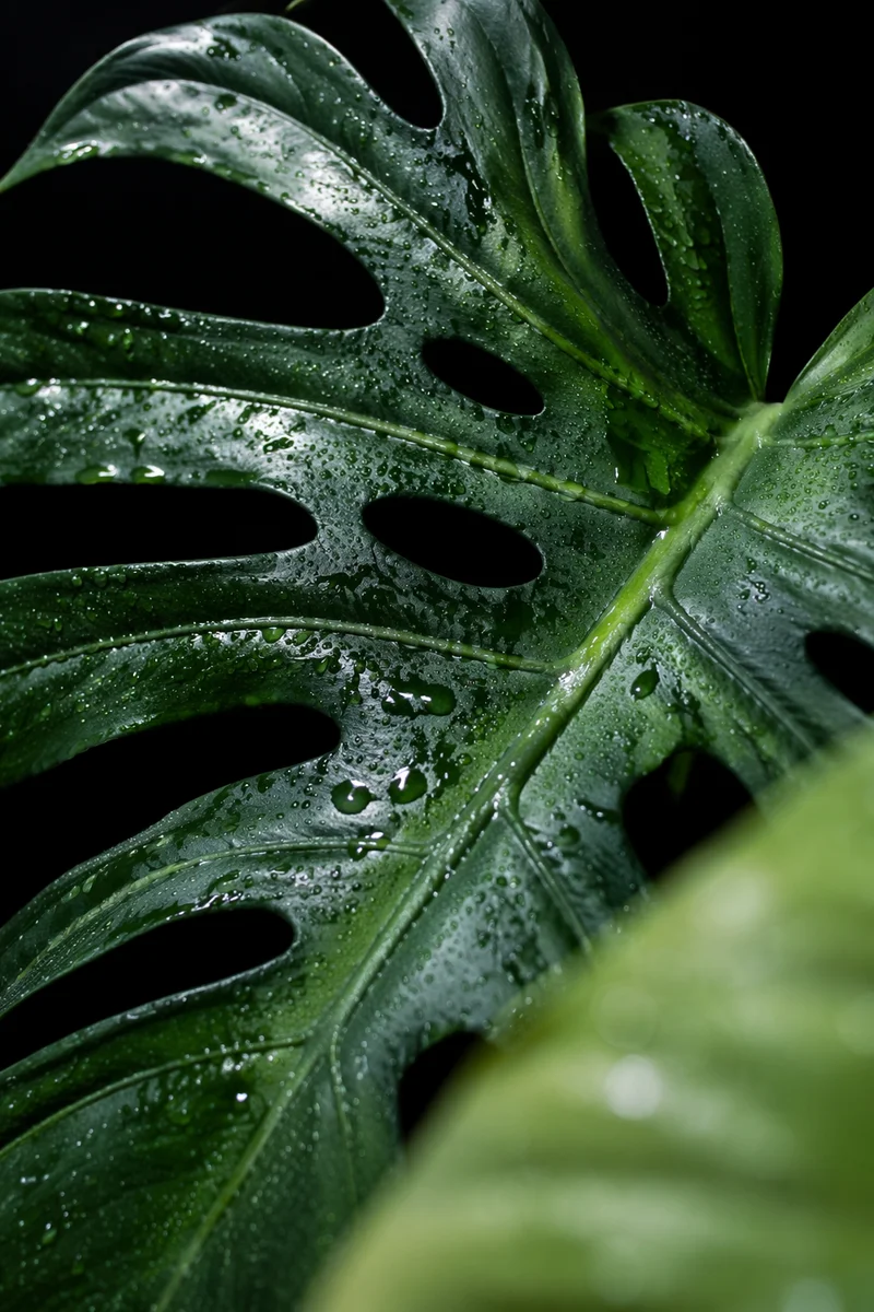 Dewy Monstera Leaf on Black Background