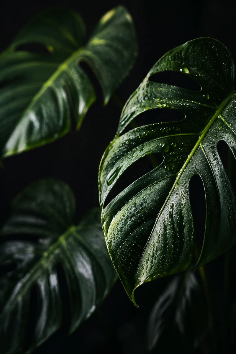 Glossy Monstera Leaf With Water Droplets
