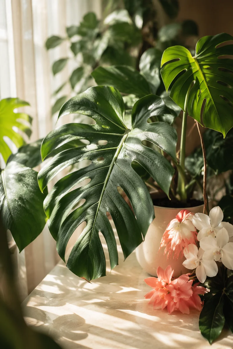 Sunlit Monstera and Tropical Flowers Still Life