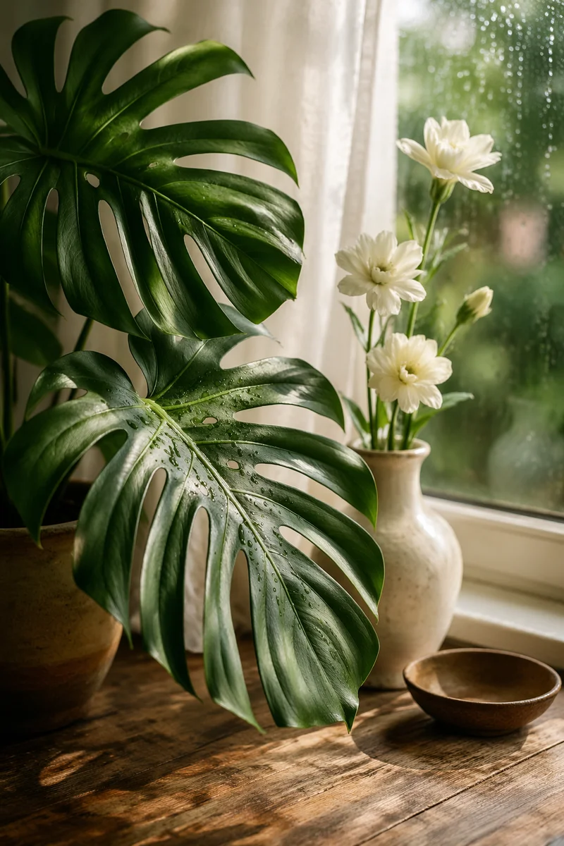 Monstera Leaves with White Flowers Morning Stillness