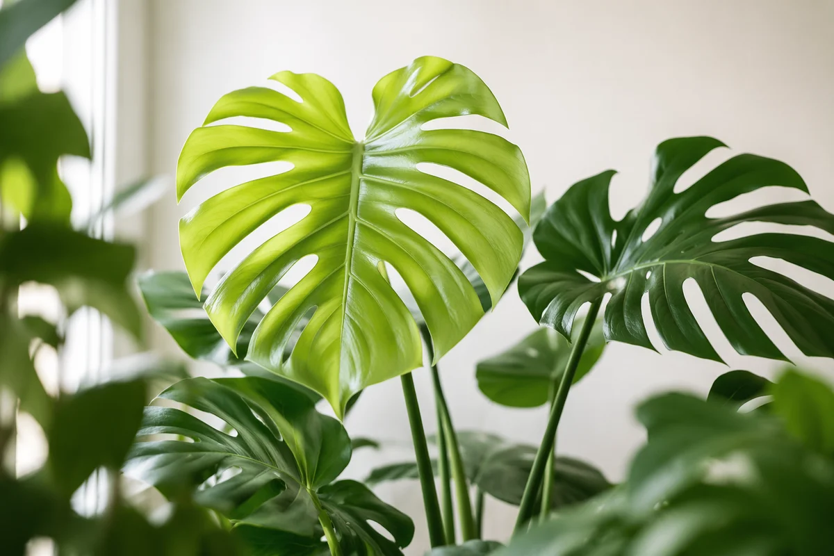 Fresh Green Monstera Leaf Close Up