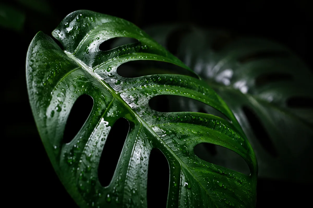 Glossy Monstera Leaf With Rainforest Droplets