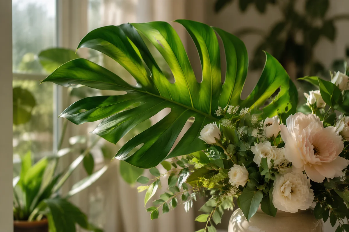 Sunlit Monstera Leaves with Soft Flowers