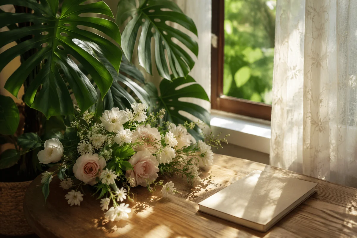 Monstera Leaves with Soft Morning Flowers