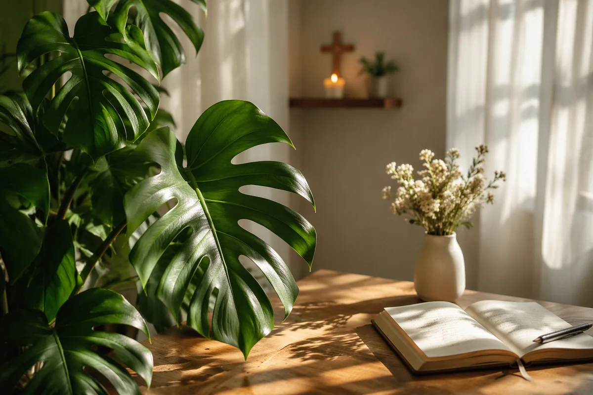 Sunlit Monstera Leaves with Cream Flowers