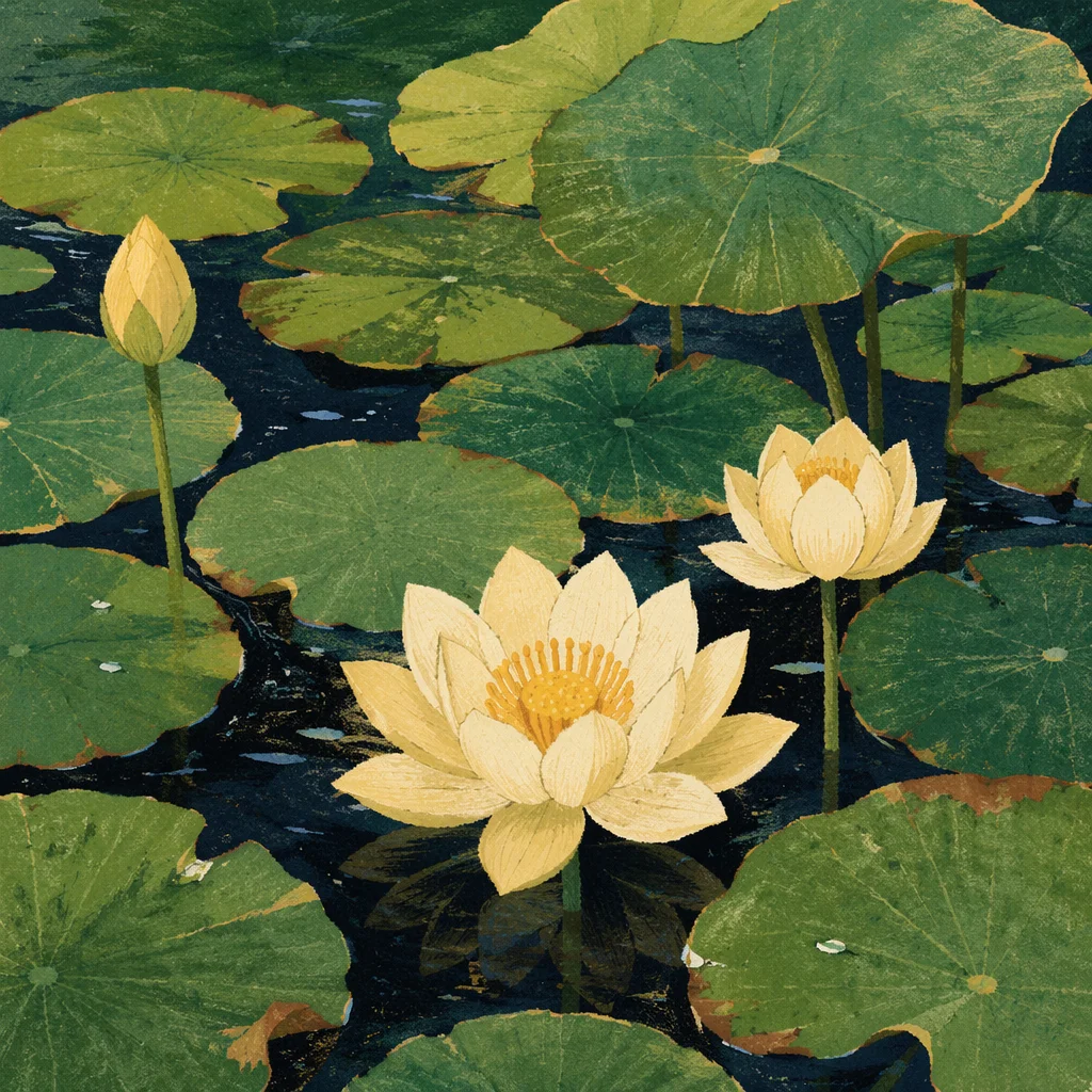 Serene Lotus Blossoms on Sunlit Pond