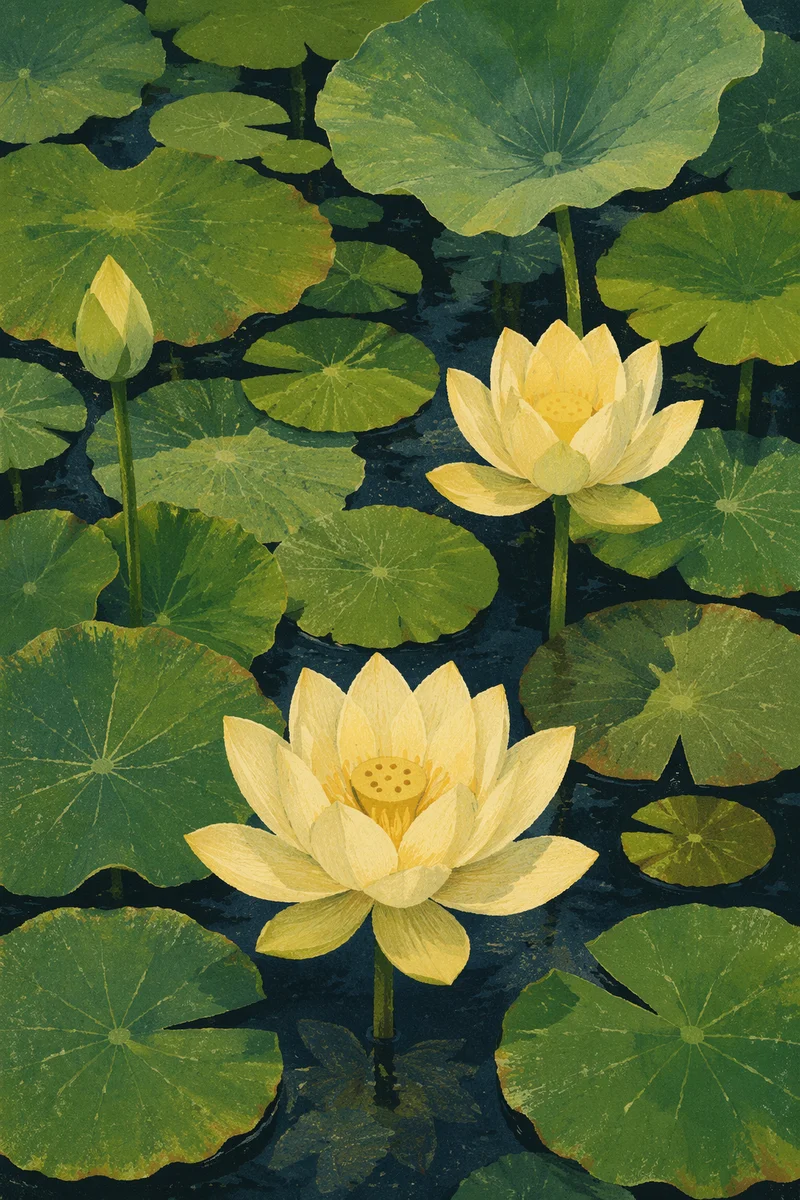 Serene Lotus Blossoms on Garden Pond
