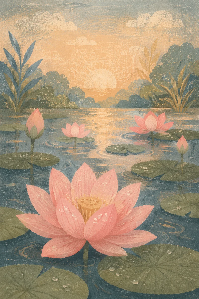Serene Lotus Flowers on Dawn Pond
